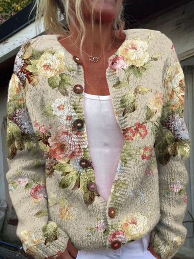 Retro Frische Blumen Druck Knopf-Cardigan Pullover