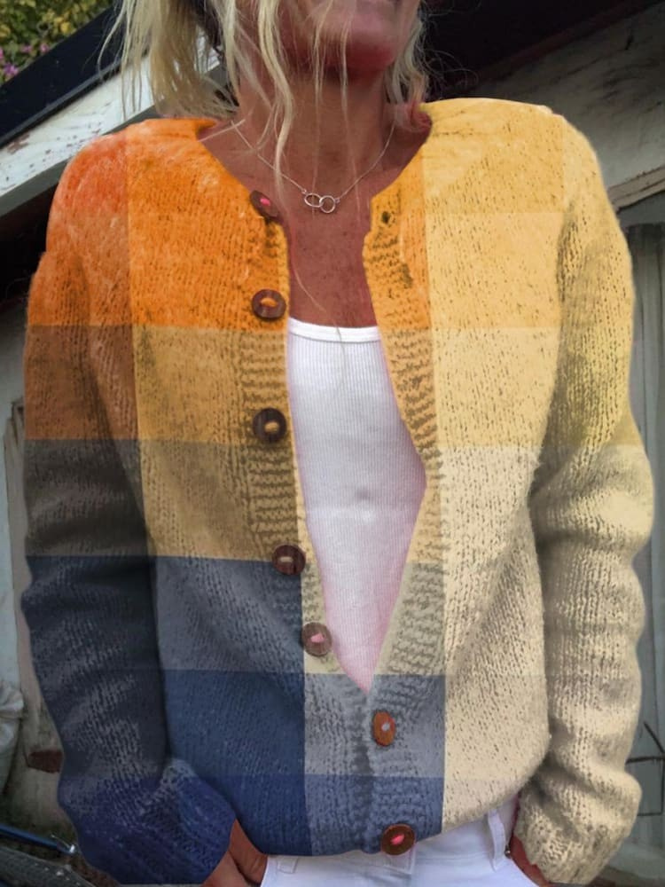 Vintage Orange Blau Farbverlauf Karo Muster Sonnenuntergang Abstrakte Kunst Knopf-Cardigan Pullover
