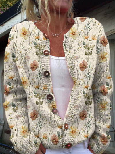 Wasserfarben Garten Blumenmuster Bedruckter Knopf-Cardigan Pullover