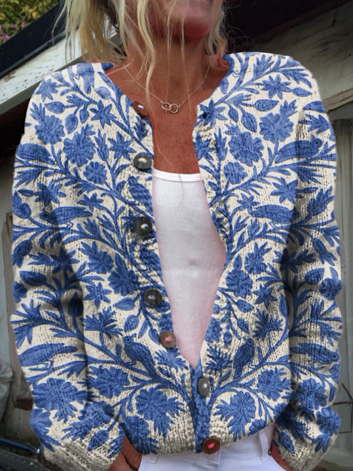 Indische Kunst Florale Vintage Kunstdruck Knopf-Cardigan Pullover