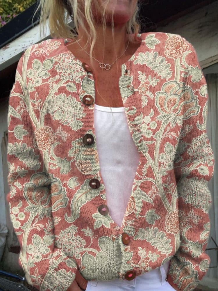 Vintage Handgezeichnetes Blumenmuster Druck Knopf-Cardigan Pullover