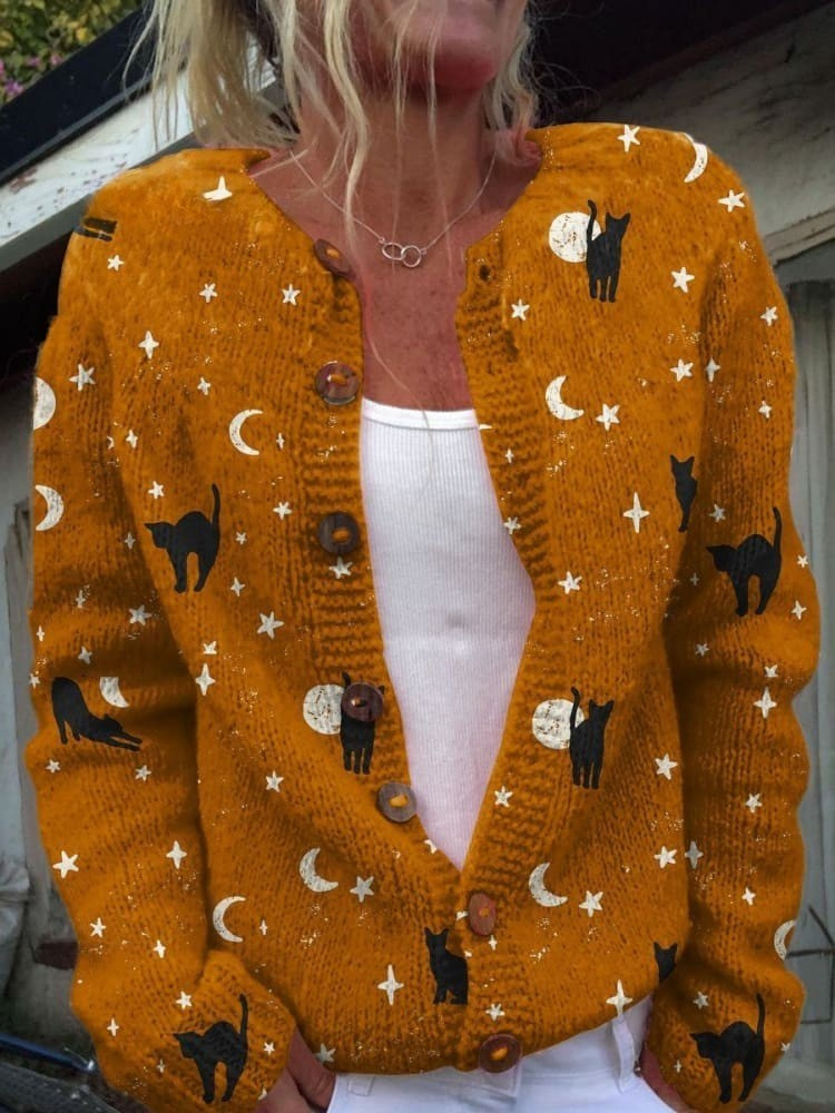 Halloween Schwarze Katze Kunstdruck Knopf-Cardigan Pullover