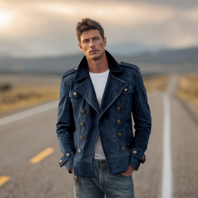 Herrenjacke Szymon zweireihig Retro Western mit Klappen und Wildlederepauletten