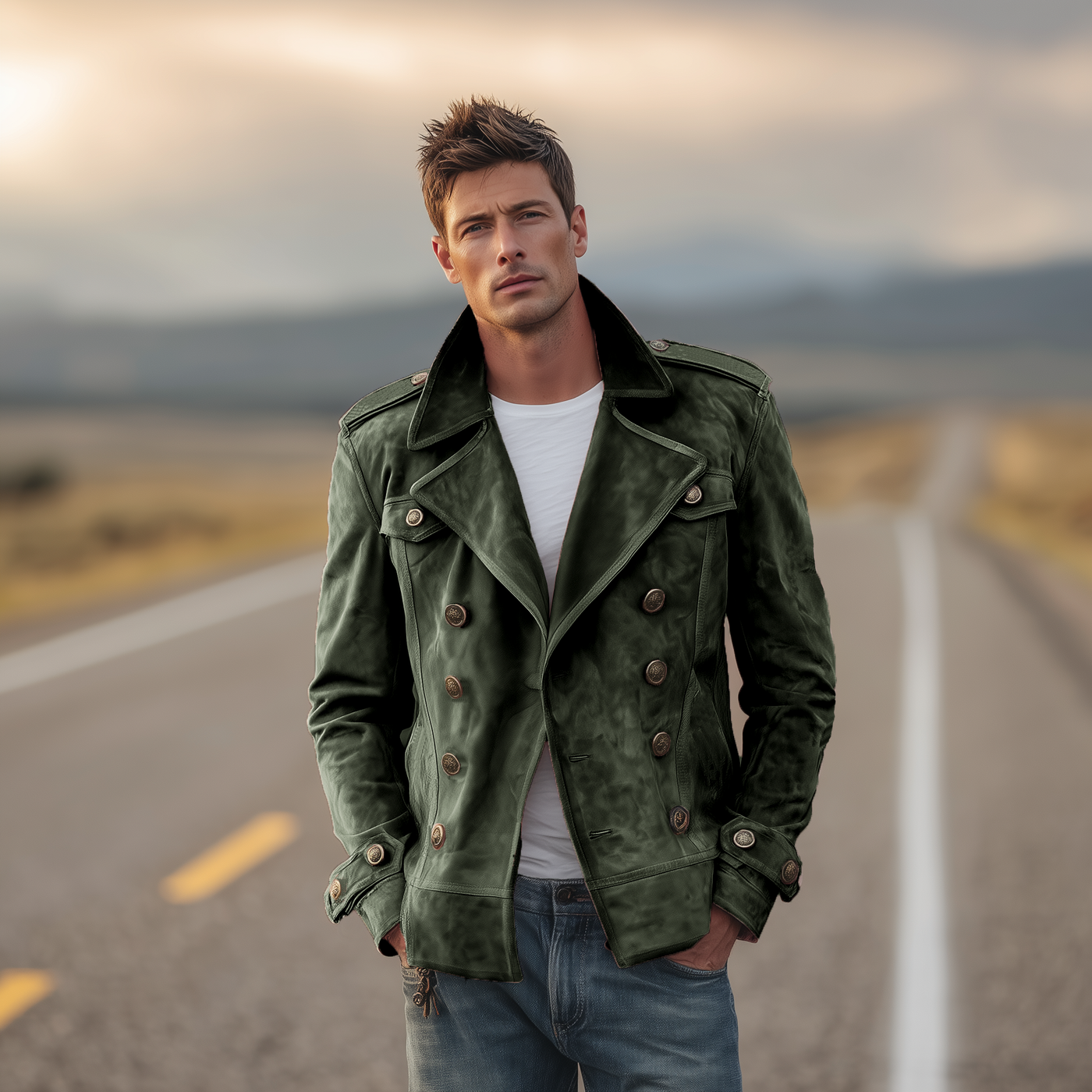 Herrenjacke Szymon zweireihig Retro Western mit Klappen und Wildlederepauletten