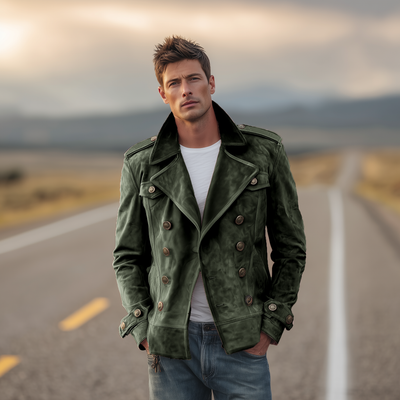 Herrenjacke Szymon zweireihig Retro Western mit Klappen und Wildlederepauletten