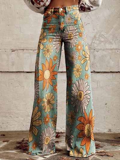 Boho-Jeanshose mit Blumenmuster