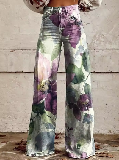 Vintage Boho-Hosen mit lila Blumenmuster