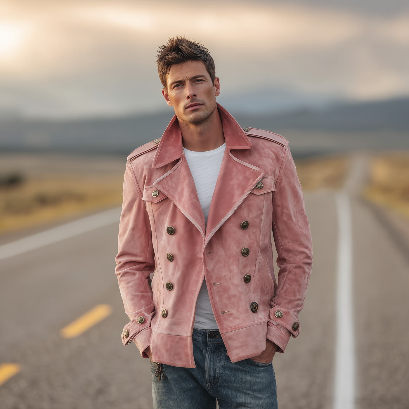 Herrenjacke Szymon zweireihig Retro Western mit Klappen und Wildlederepauletten