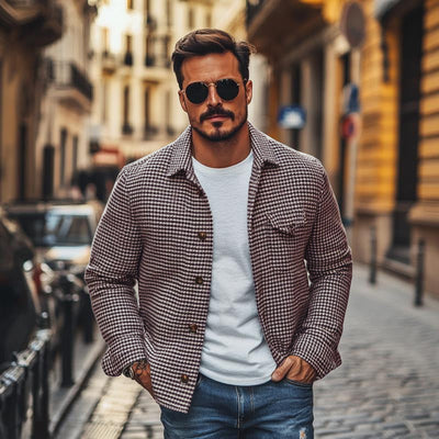 Vintage-Herrenhemdjacke im Hahnentrittmuster mit Revers Artur