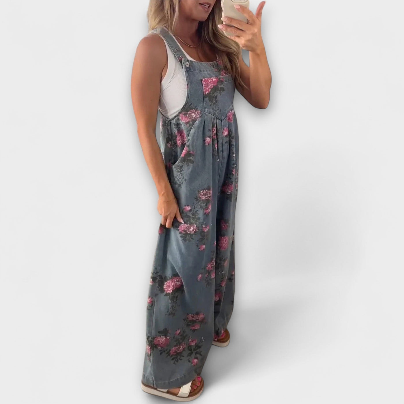 Bethany - Blumenmuster Weite Denim Latzhose