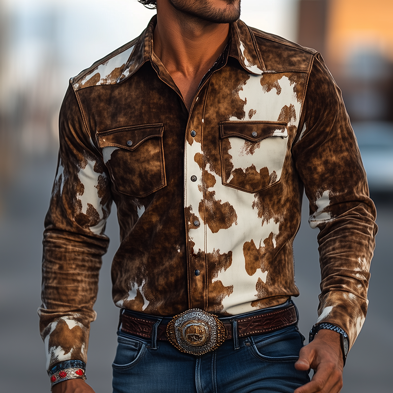 Herren Retro Western Hemd mit langen Ärmeln und Wildlederdruck im Kuhflecken-Design
