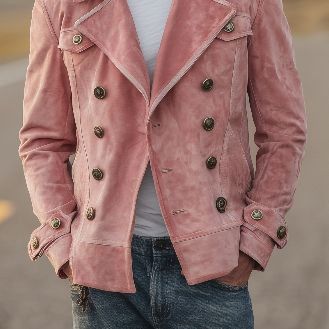 Herrenjacke Szymon zweireihig Retro Western mit Klappen und Wildlederepauletten