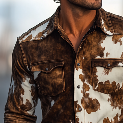 Herren Retro Western Hemd mit langen Ärmeln und Wildlederdruck im Kuhflecken-Design