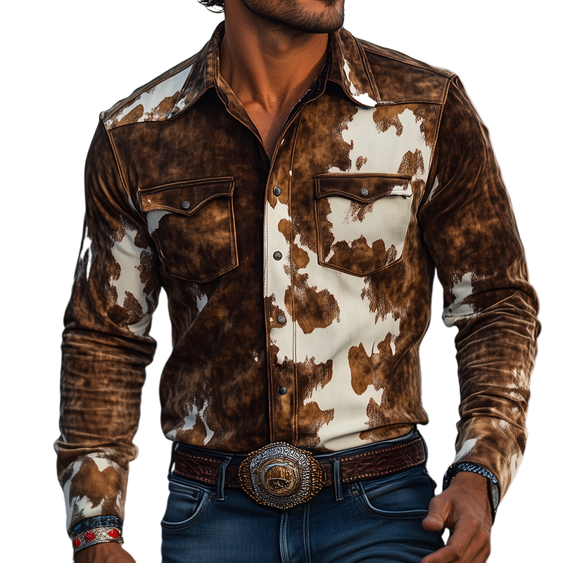 Herren Retro Western Hemd mit langen Ärmeln und Wildlederdruck im Kuhflecken-Design