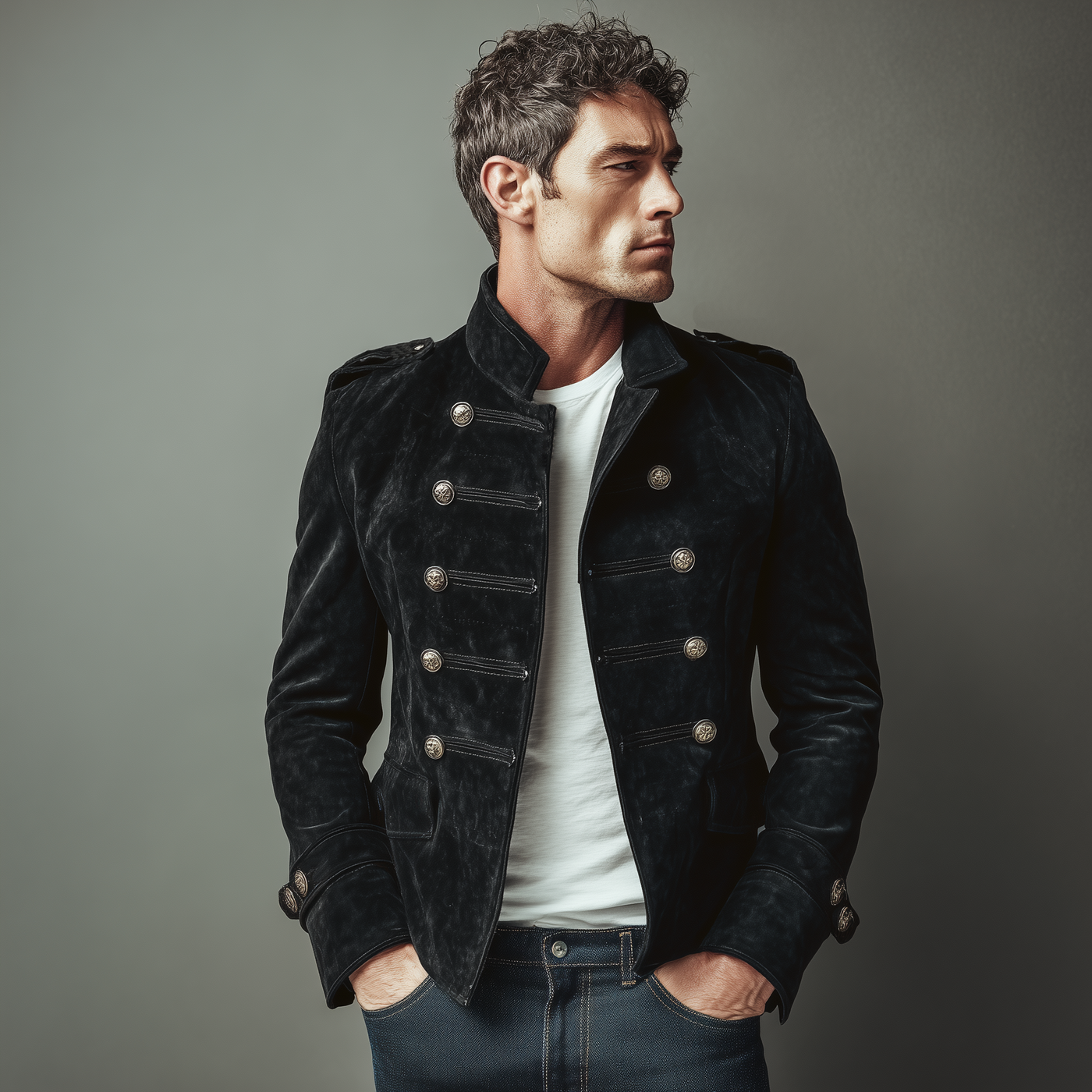 Retro-Doppelreiher Herren-Wildlederjacke mit Stehkragen Slim-Fit Marcel