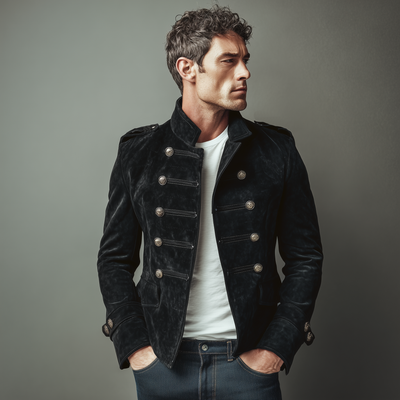 Retro-Doppelreiher Herren-Wildlederjacke mit Stehkragen Slim-Fit Marcel