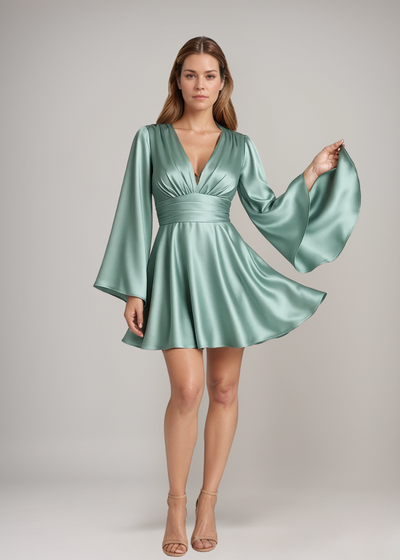 Bernstein - Satin Kleid mit lockeren Ärmeln