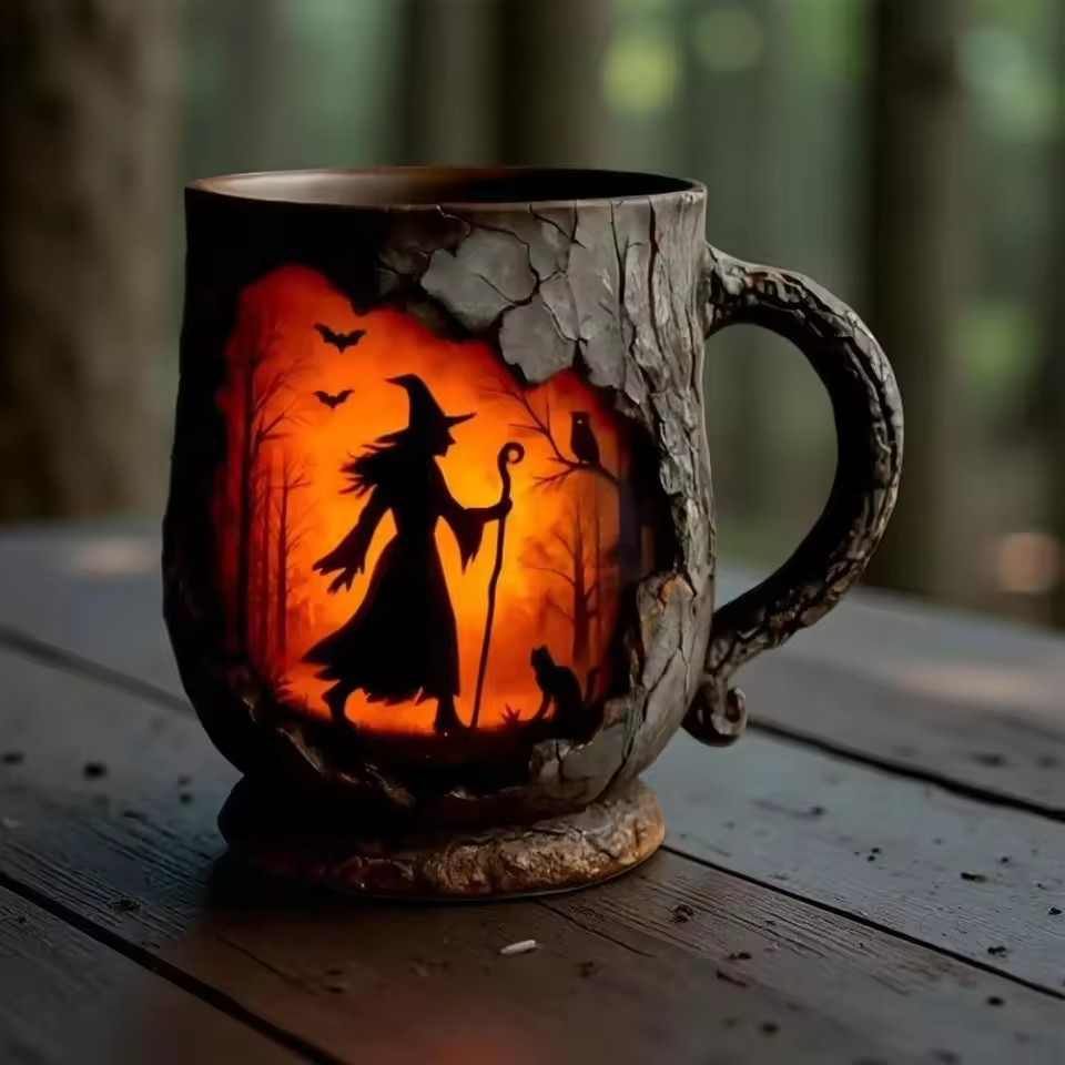 Handgefertigte 3D Halloween Spaß Tasse – Hexe & Katze Design
