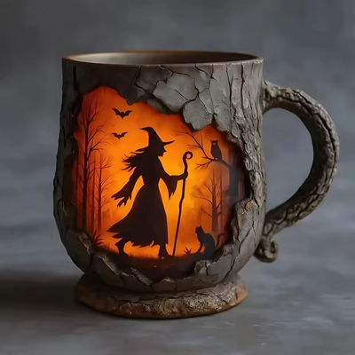 Handgefertigte 3D Halloween Spaß Tasse – Hexe & Katze Design
