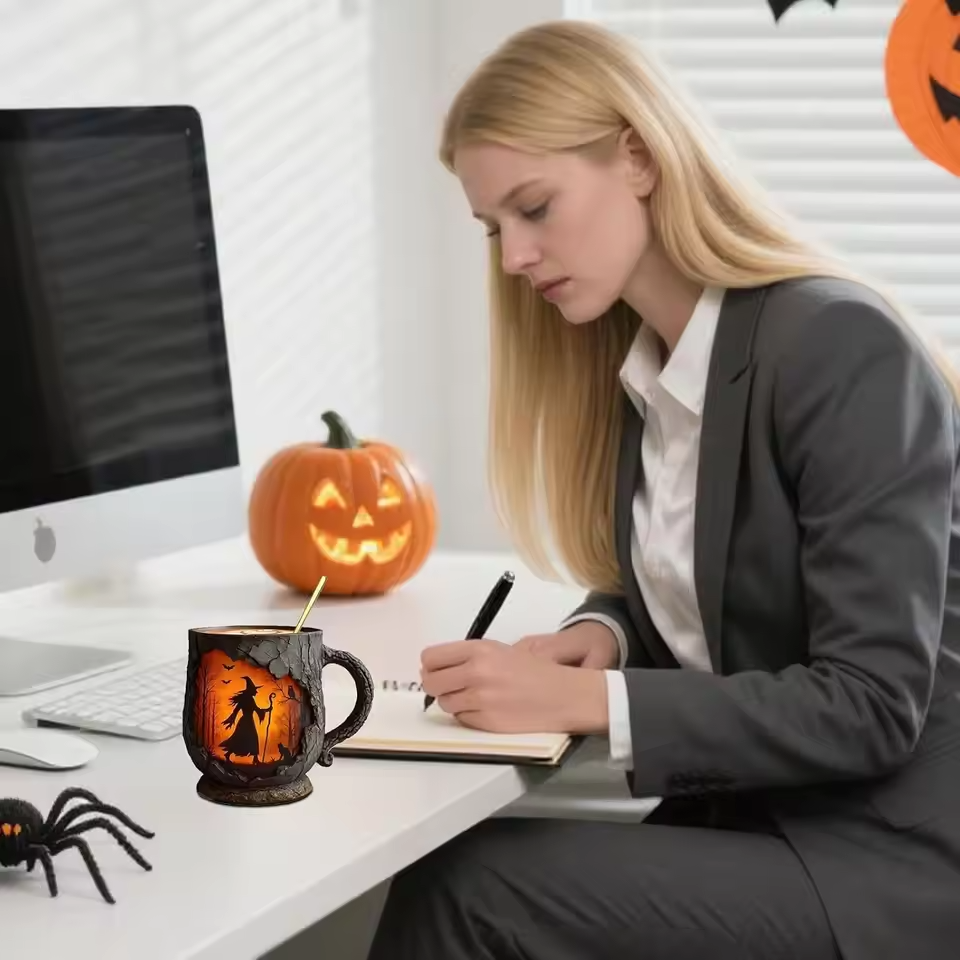 Handgefertigte 3D Halloween Spaß Tasse – Hexe & Katze Design