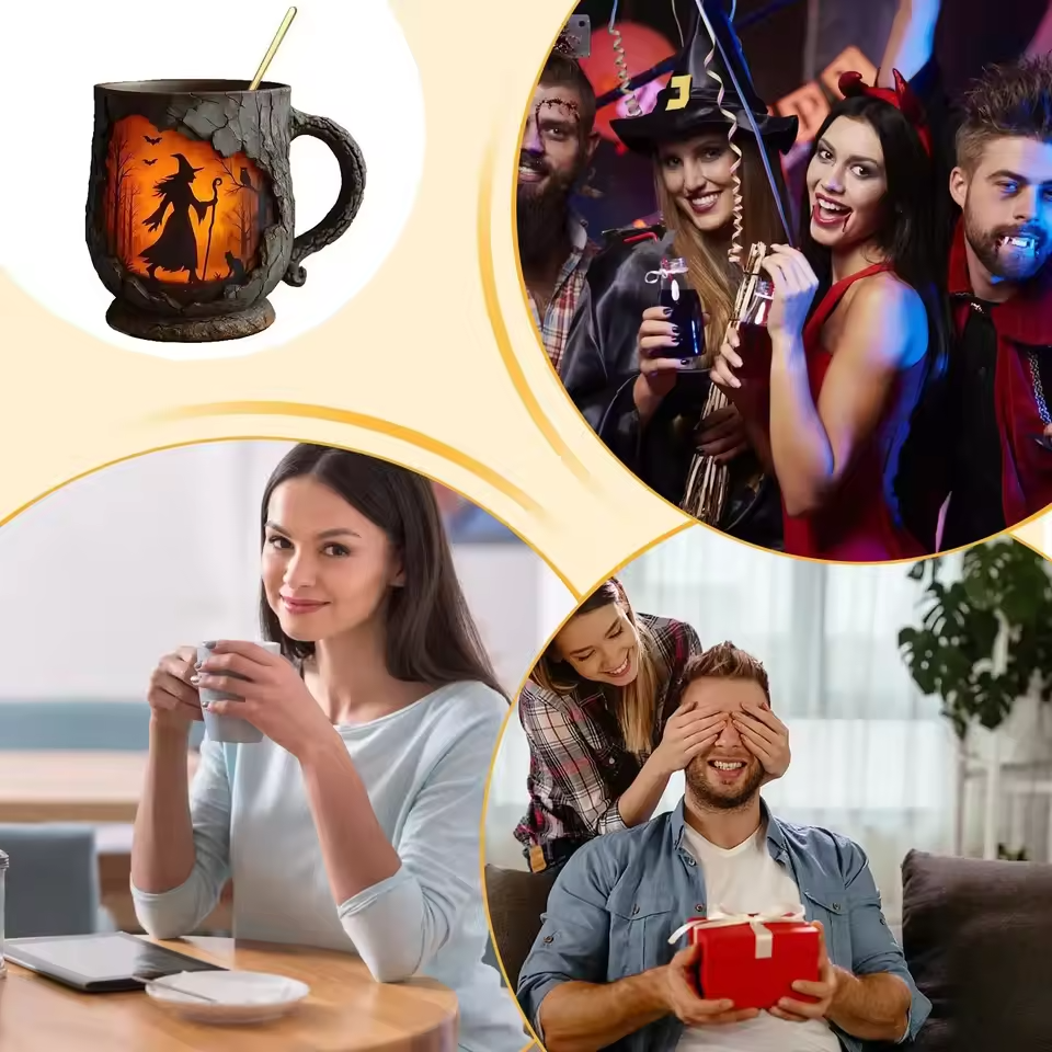 Handgefertigte 3D Halloween Spaß Tasse – Hexe & Katze Design