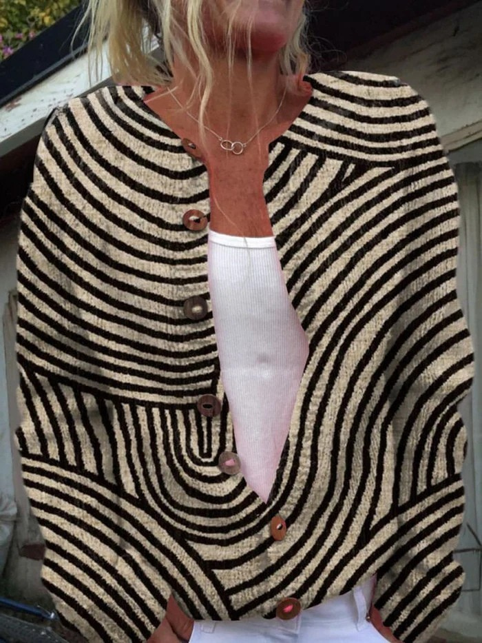 Retro Gezeichnetes Linienmuster Druck Knopf-Cardigan Pullover