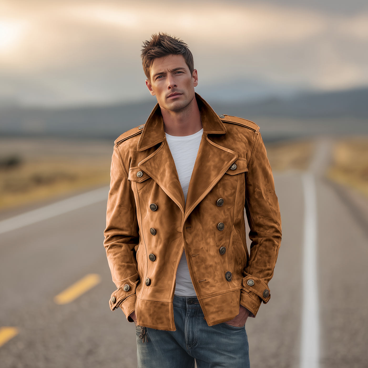 Herrenjacke Szymon zweireihig Retro Western mit Klappen und Wildlederepauletten