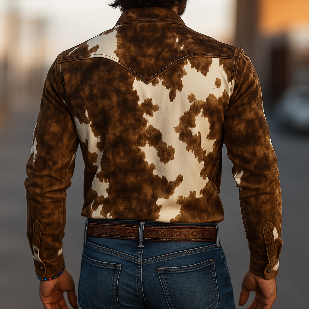Herren Retro Western Hemd mit langen Ärmeln und Wildlederdruck im Kuhflecken-Design
