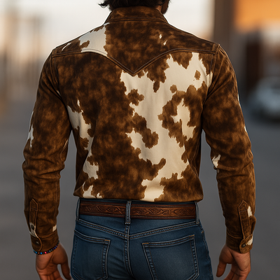 Herren Retro Western Hemd mit langen Ärmeln und Wildlederdruck im Kuhflecken-Design