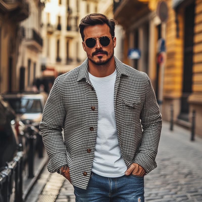 Vintage-Herrenhemdjacke im Hahnentrittmuster mit Revers Artur