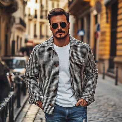 Vintage-Herrenhemdjacke im Hahnentrittmuster mit Revers Artur